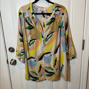 Rose + Olive Vibrant Leaf Pattern Blouse